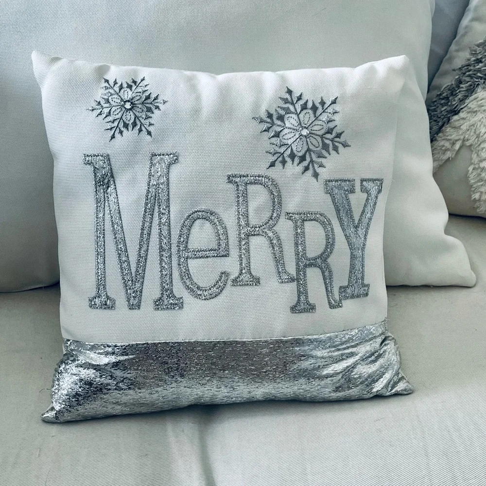 “Merry” silver metallic embroidered on white snowflake holiday Christmas pillow